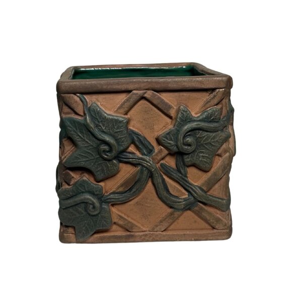 Vintage Brown and Green Ceramic Planter Box |vy Leaf Relief Design Arts & Crafts - Picture 1 of 5